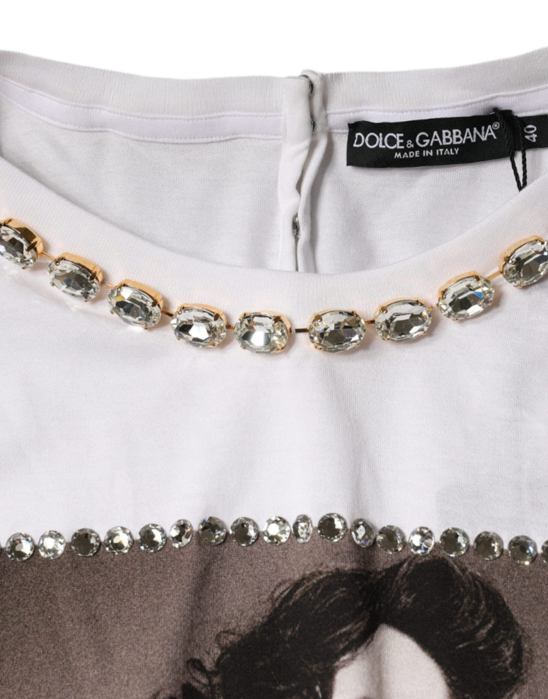 Dolce &amp; Gabbana T-Shirts - White Crystal Neckline Embellished Printed T-shirt