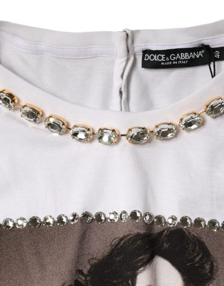 Dolce &amp; Gabbana T-Shirts - White Crystal Neckline Embellished Printed T-shirt