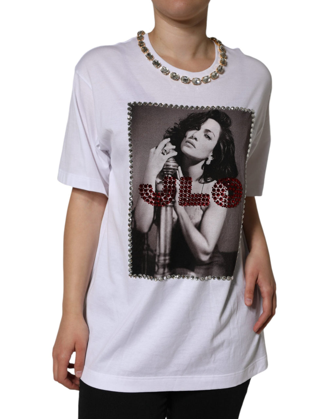 Dolce &amp; Gabbana T-Shirts - White Crystal Neckline Embellished Printed T-shirt