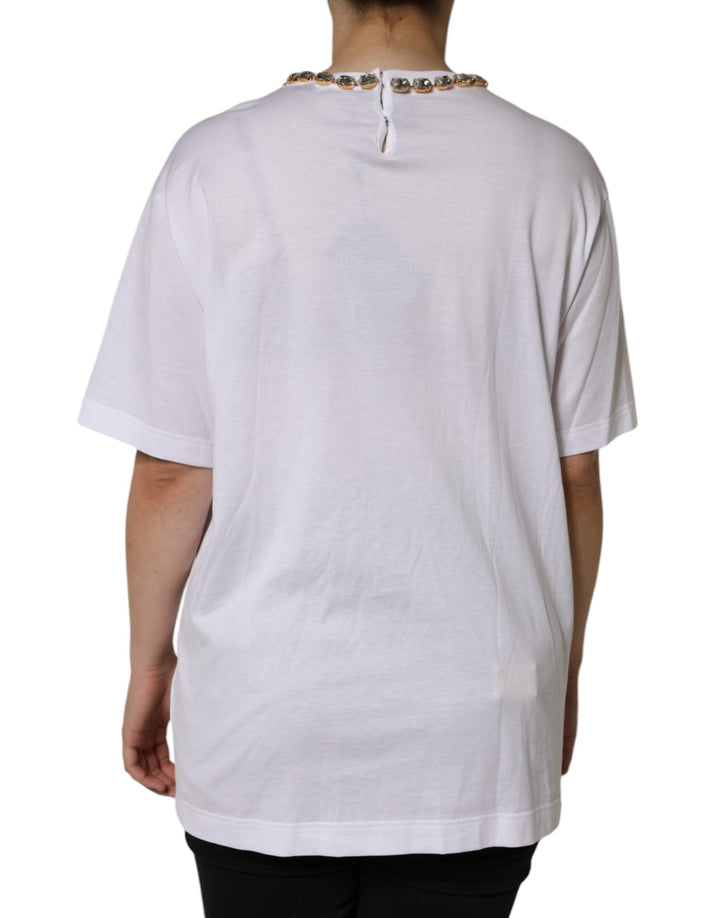 Dolce &amp; Gabbana T-Shirts - White Crystal Neckline Embellished Printed T-shirt