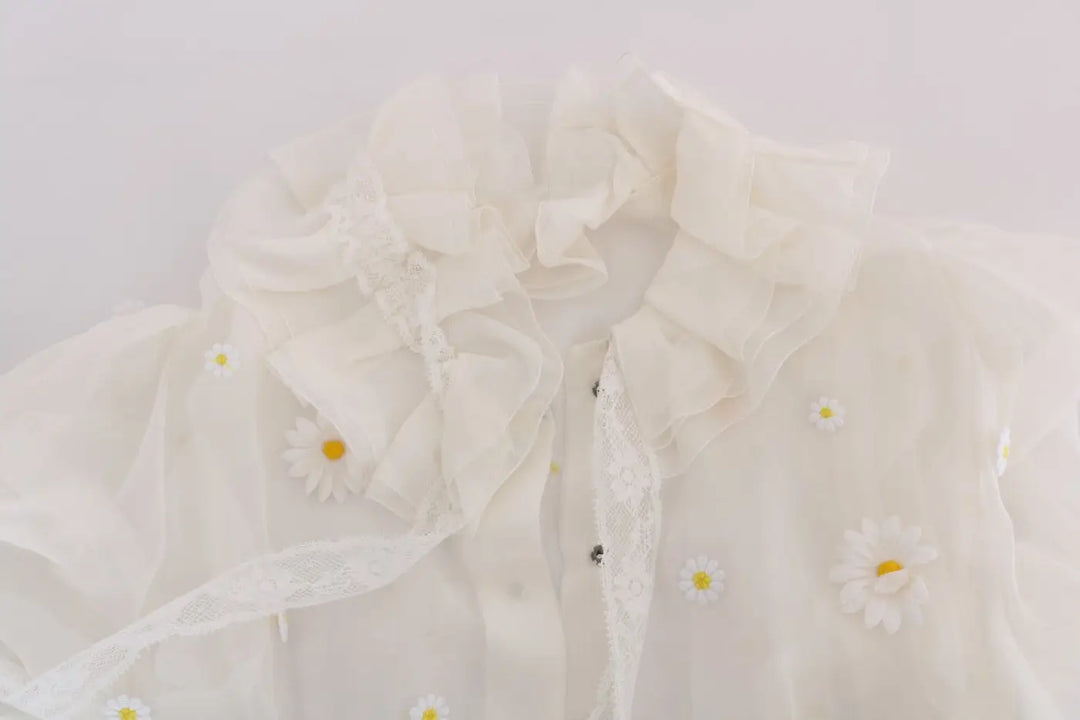 Dolce &amp; Gabbana White Daisy Applique Silk Shirt