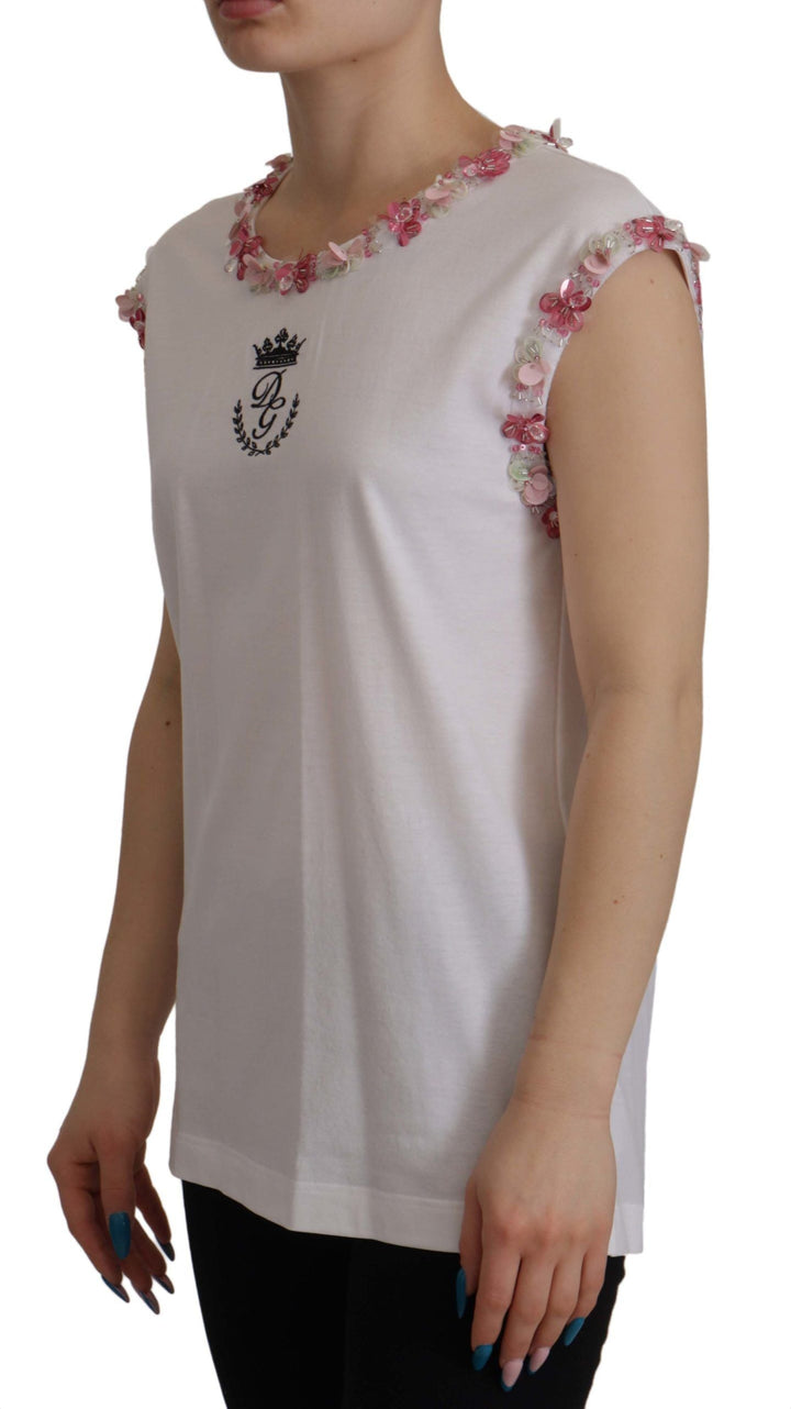 Dolce &amp; Gabbana T-Shirts - White DG Crown Floral Sequin T-shirt