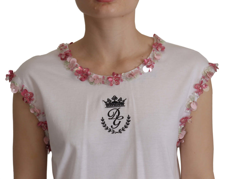 Dolce &amp; Gabbana T-Shirts - White DG Crown Floral Sequin T-shirt