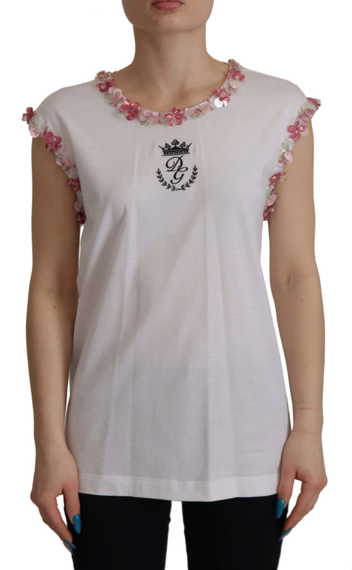 Dolce &amp; Gabbana T-Shirts - White DG Crown Floral Sequin T-shirt