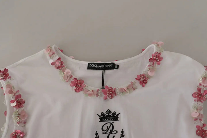 Dolce &amp; Gabbana White DG Crown Floral Sequin T-shirt