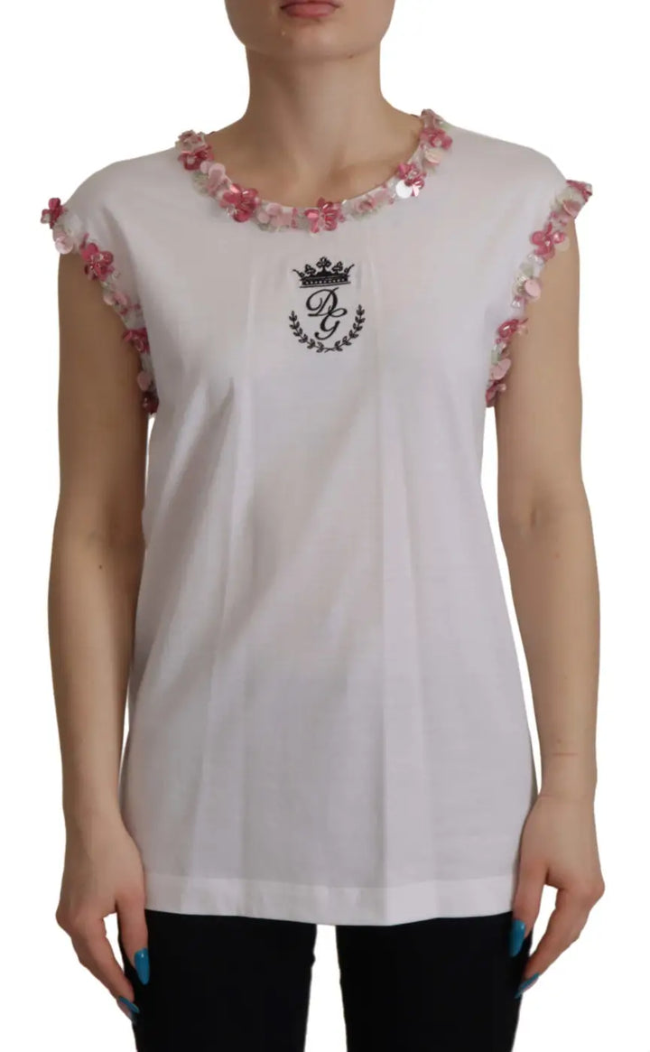 Dolce &amp; Gabbana White DG Crown Floral Sequin T-shirt