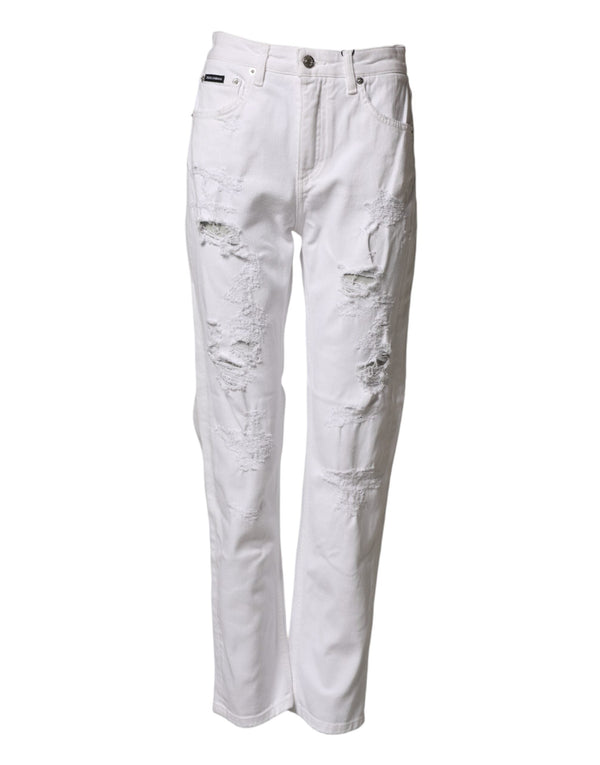 Dolce & Gabbana White Distressed Cotton Boyfriend Denim Jeans