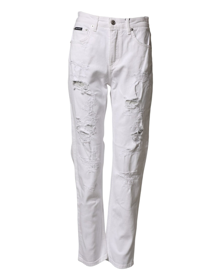 Dolce &amp; Gabbana White Distressed Cotton Boyfriend Denim Jeans