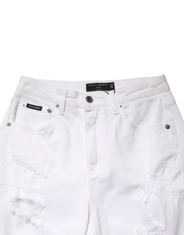 Dolce &amp; Gabbana White Distressed Cotton BOYFRIEND Denim Jeans