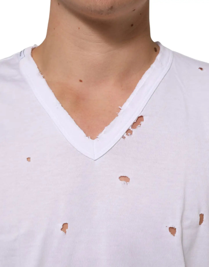 Dolce &amp; Gabbana White Distressed Cotton V Neck Men T-shirt