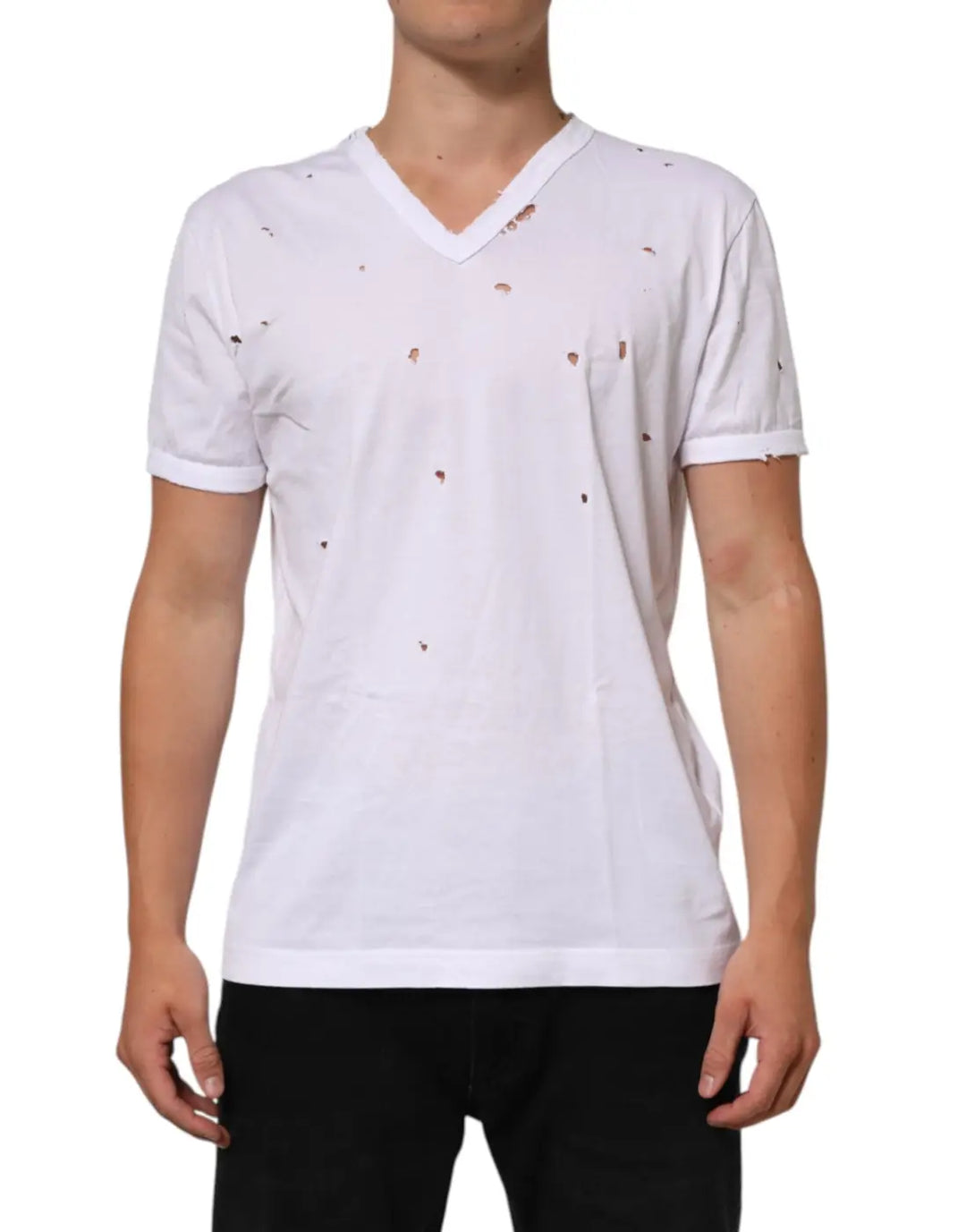 Dolce &amp; Gabbana White Distressed Cotton V Neck Men T-shirt