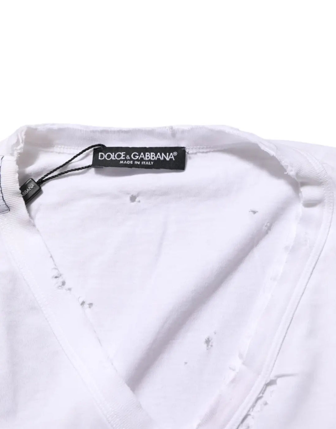 Dolce &amp; Gabbana White Distressed Cotton V Neck Men T-shirt