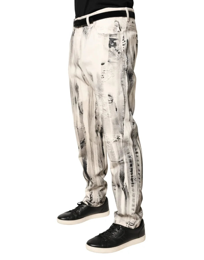 Dolce &amp; Gabbana White Distressed Paint Print LooseDenim Jeans