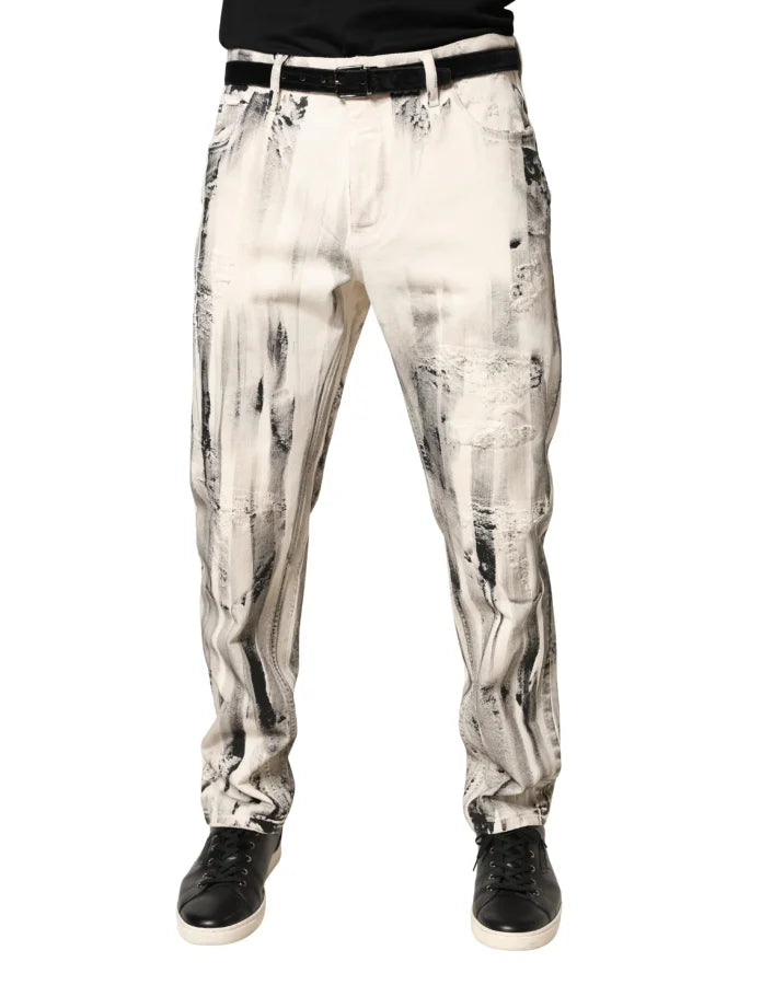 Dolce &amp; Gabbana White Distressed Paint Print LooseDenim Jeans