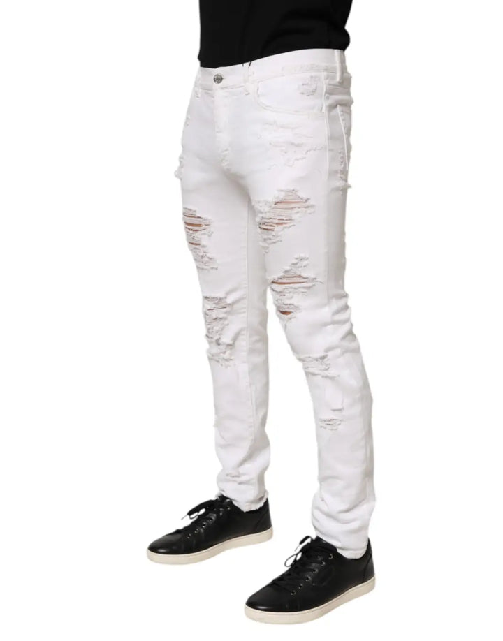 Dolce &amp; Gabbana White Distressed Ripped Denim Trouser Jeans