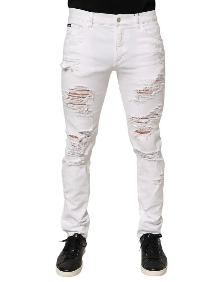Dolce &amp; Gabbana White Distressed Ripped Denim Trouser Jeans