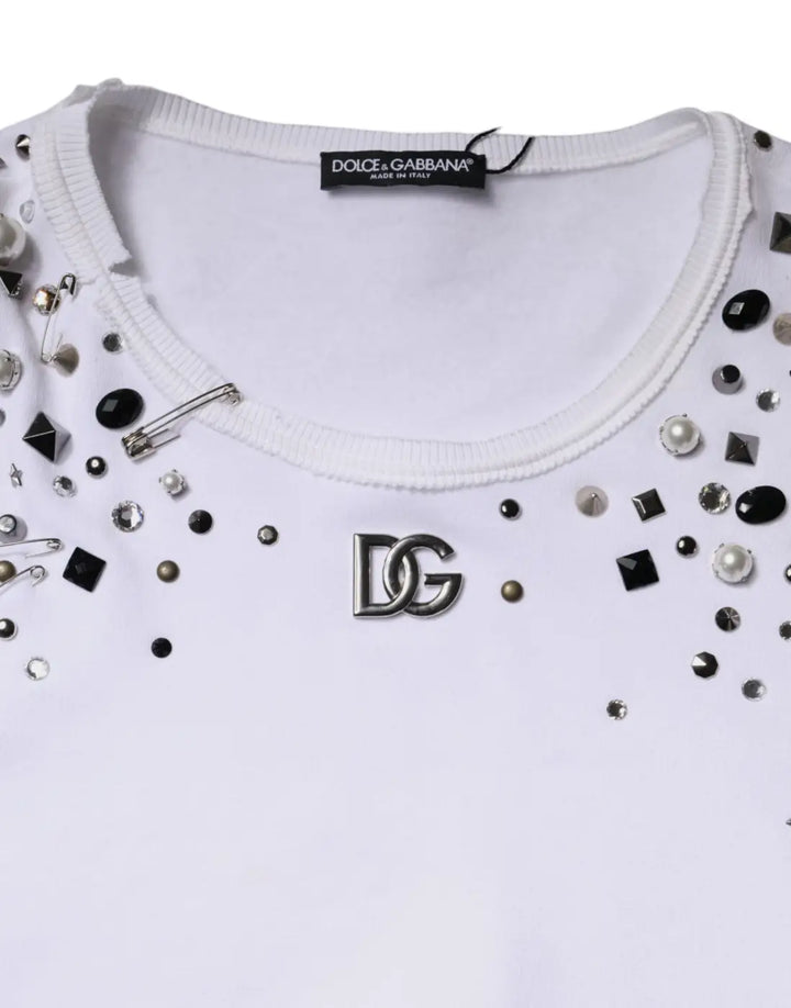 Dolce &amp; Gabbana White Embellished Long Sleeve Cropped Sweater