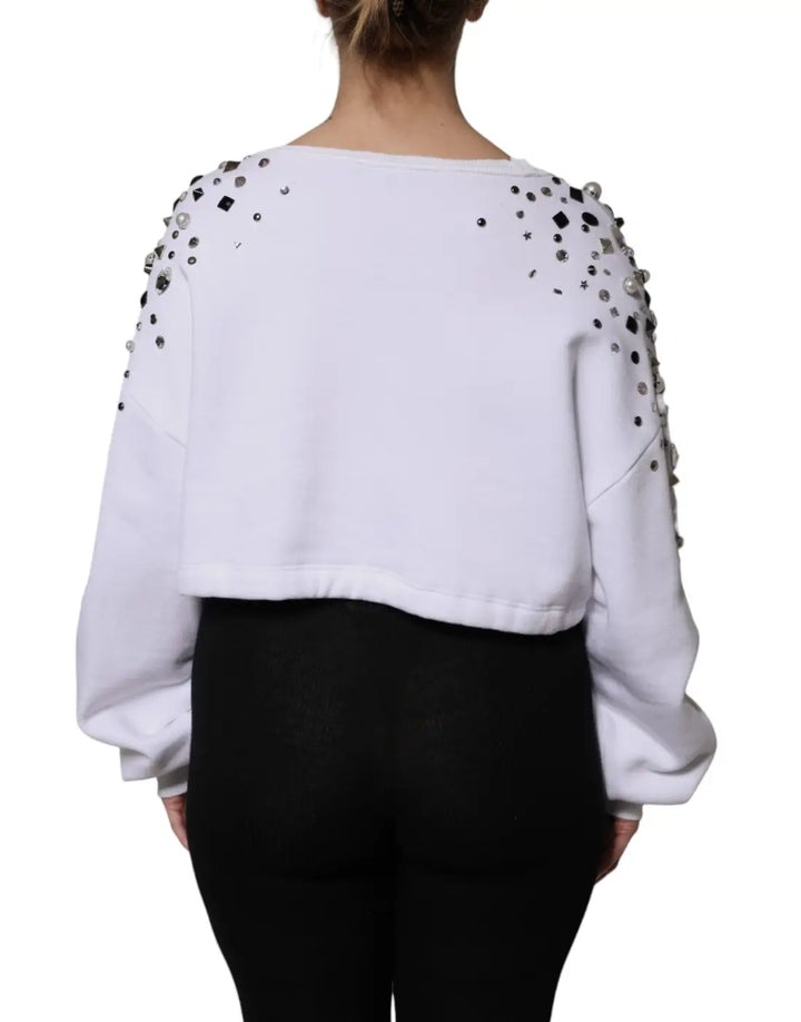 Dolce &amp; Gabbana White Embellished Long Sleeve Cropped Sweater