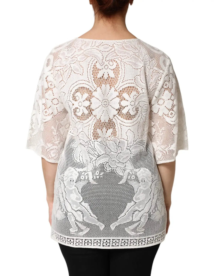 Dolce &amp; Gabbana White Embroidery Lace Cotton Blouse Top