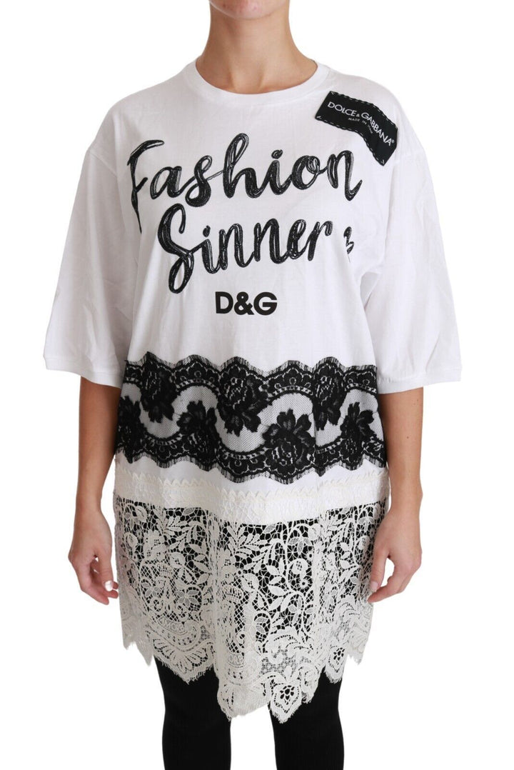 Dolce &amp; Gabbana - White Fashion Sinner Cotton Lace T-shirt Top