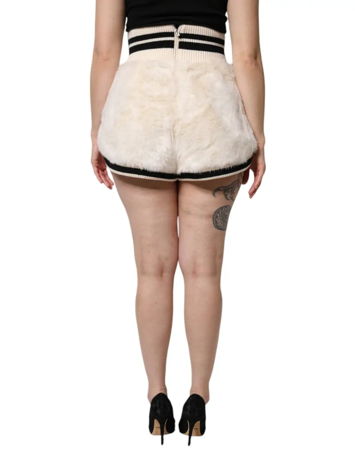 Dolce &amp; Gabbana White Faux Fur High Waisted Hot Pants Short