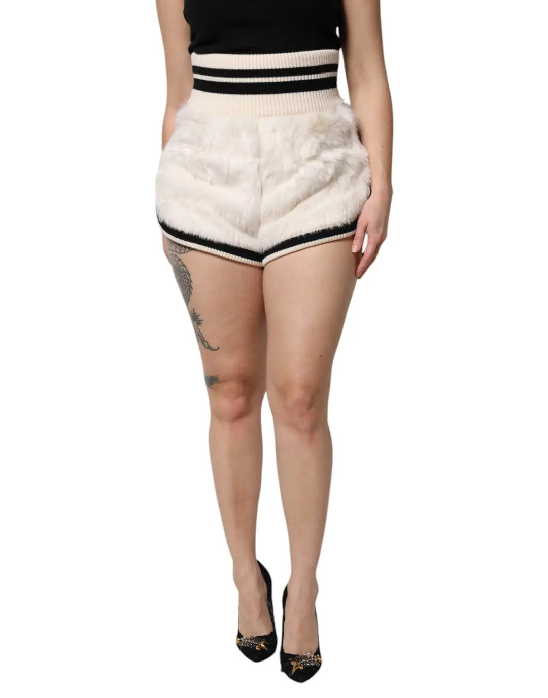 Dolce &amp; Gabbana White Faux Fur High Waisted Hot Pants Short