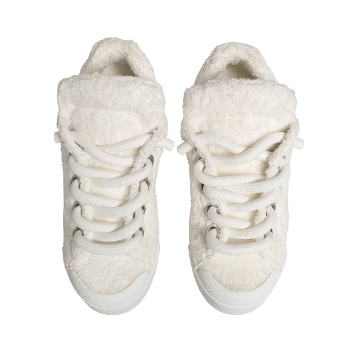 Dolce & Gabbana White Faux Shearling Low Top Sneakers Shoes
