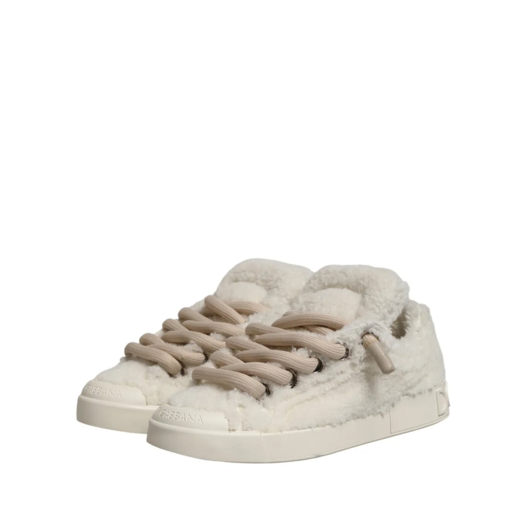 Dolce & Gabbana White Faux Shearling Low Top Sneakers Shoes