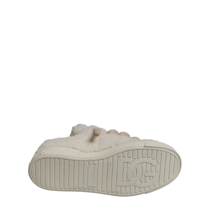 Dolce & Gabbana White Faux Shearling Low Top Sneakers Shoes