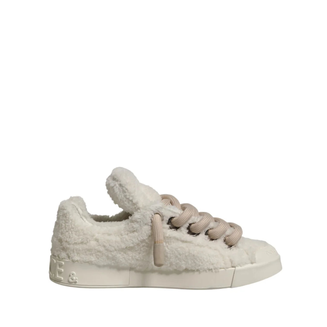 Dolce & Gabbana White Faux Shearling Low Top Sneakers Shoes