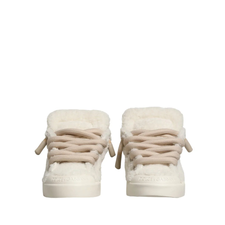 Dolce & Gabbana White Faux Shearling Low Top Sneakers Shoes