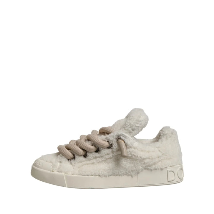 Dolce & Gabbana White Faux Shearling Low Top Sneakers Shoes