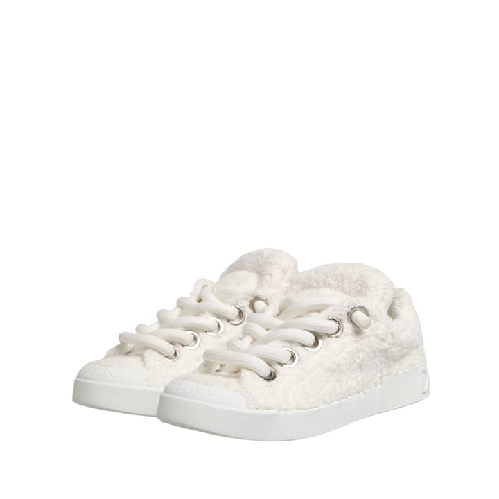 Dolce & Gabbana White Faux Shearling Low Top Sneakers Shoes