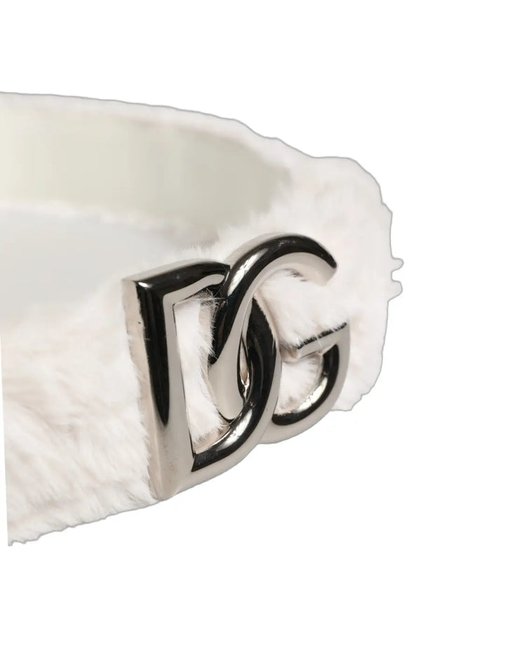 Dolce &amp; Gabbana White Fleece Silver DG Logo Metal Buckle Belt