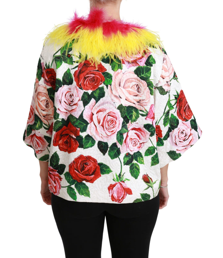 Dolce &amp; Gabbana Capes - White Floral Coat Capte Fur Roses Jacket