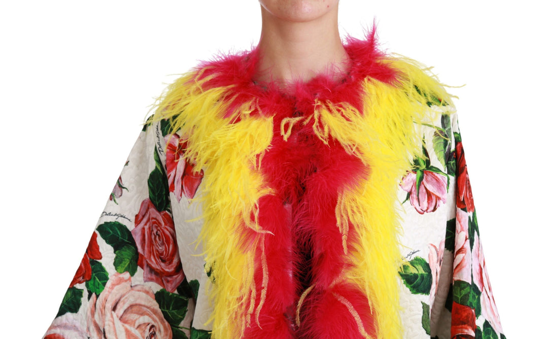 Dolce &amp; Gabbana Capes - White Floral Coat Capte Fur Roses Jacket