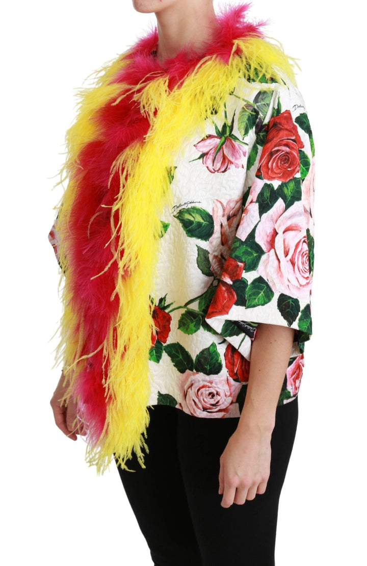 Dolce &amp; Gabbana Capes - White Floral Coat Capte Fur Roses Jacket