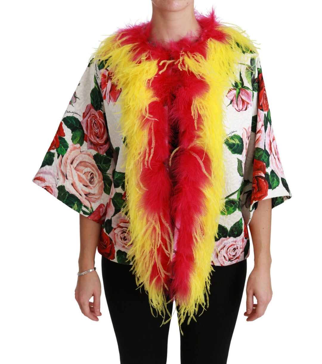Dolce &amp; Gabbana Capes - White Floral Coat Capte Fur Roses Jacket