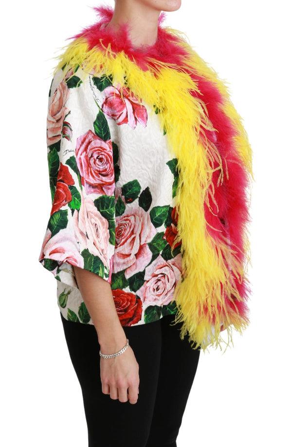 Dolce & Gabbana Capes - White Floral Coat Capte Fur Roses Jacket