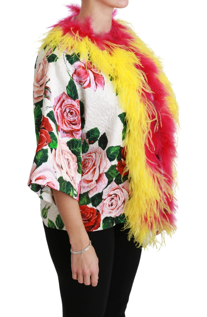 Dolce &amp; Gabbana Capes - White Floral Coat Capte Fur Roses Jacket