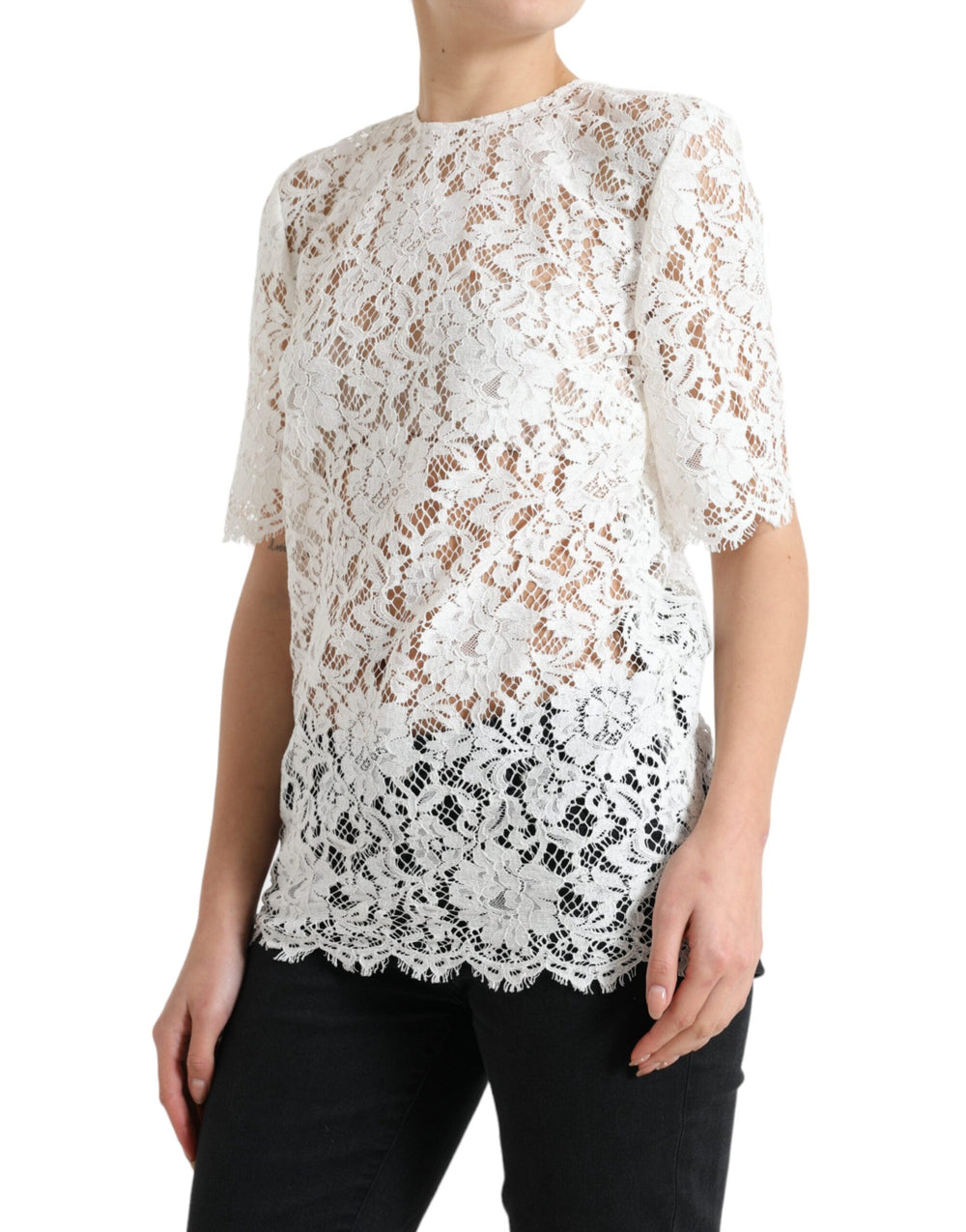 Dolce & Gabbana - White Floral Lace Cotton Round Neck Blouse Top