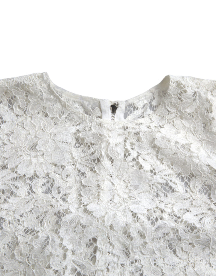 Dolce &amp; Gabbana - White Floral Lace Cotton Round Neck Blouse Top