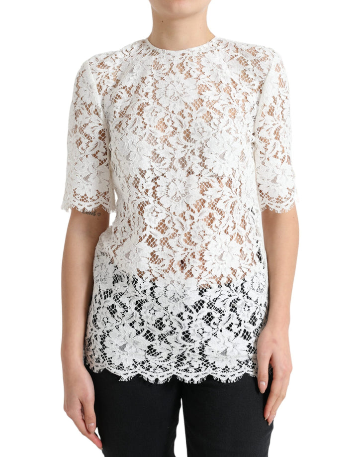 Dolce &amp; Gabbana - White Floral Lace Cotton Round Neck Blouse Top