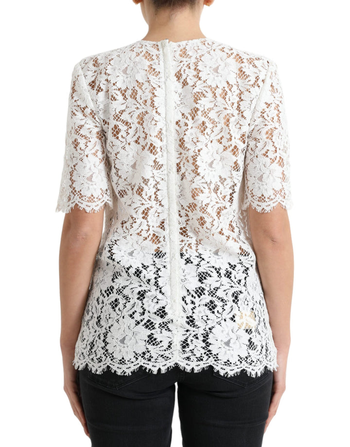 Dolce &amp; Gabbana - White Floral Lace Cotton Round Neck Blouse Top
