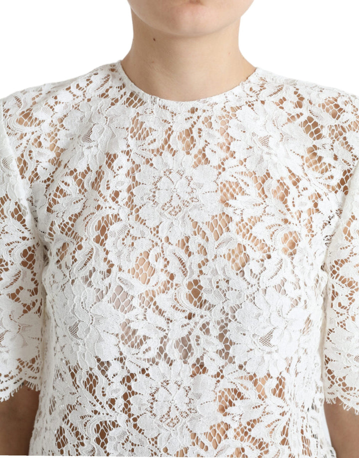 Dolce &amp; Gabbana - White Floral Lace Cotton Round Neck Blouse Top
