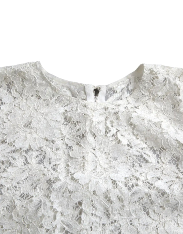 Dolce &amp; Gabbana White Floral Lace Cotton Round Neck Blouse Top