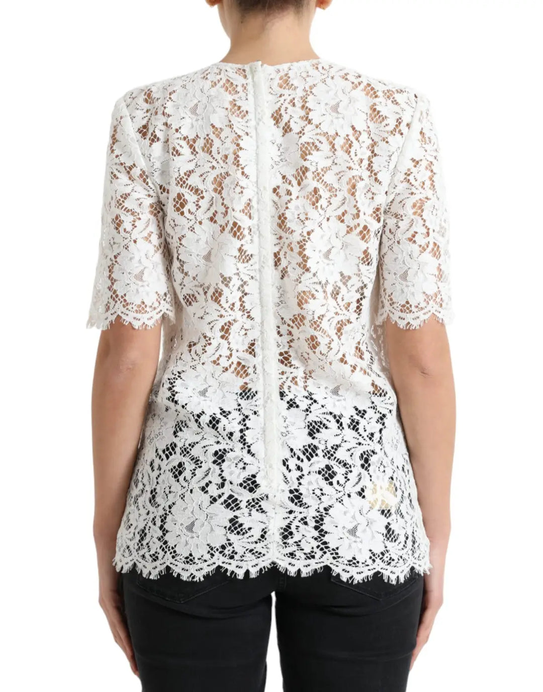 Dolce &amp; Gabbana White Floral Lace Cotton Round Neck Blouse Top