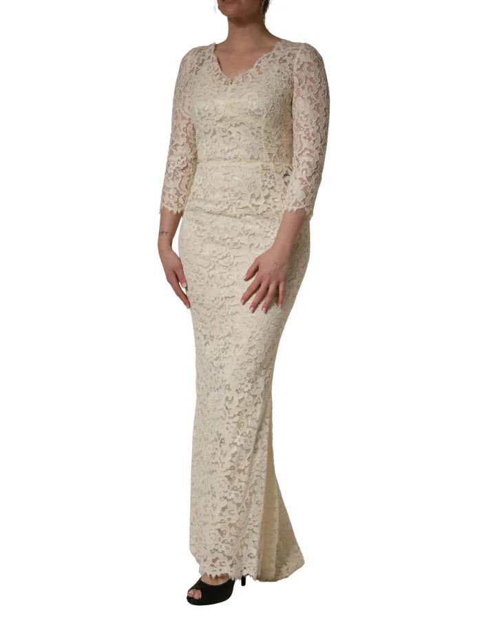 Dolce &amp; Gabbana Off White Floral Lace Sheath Maxi Dress