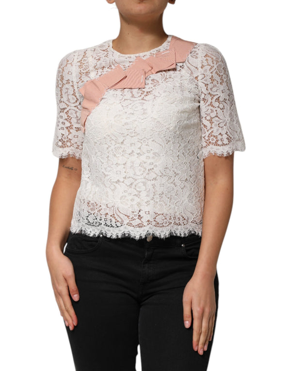 Dolce & Gabbana Blouses - Women’s White Floral Lace Short Sleeves Blouse Top