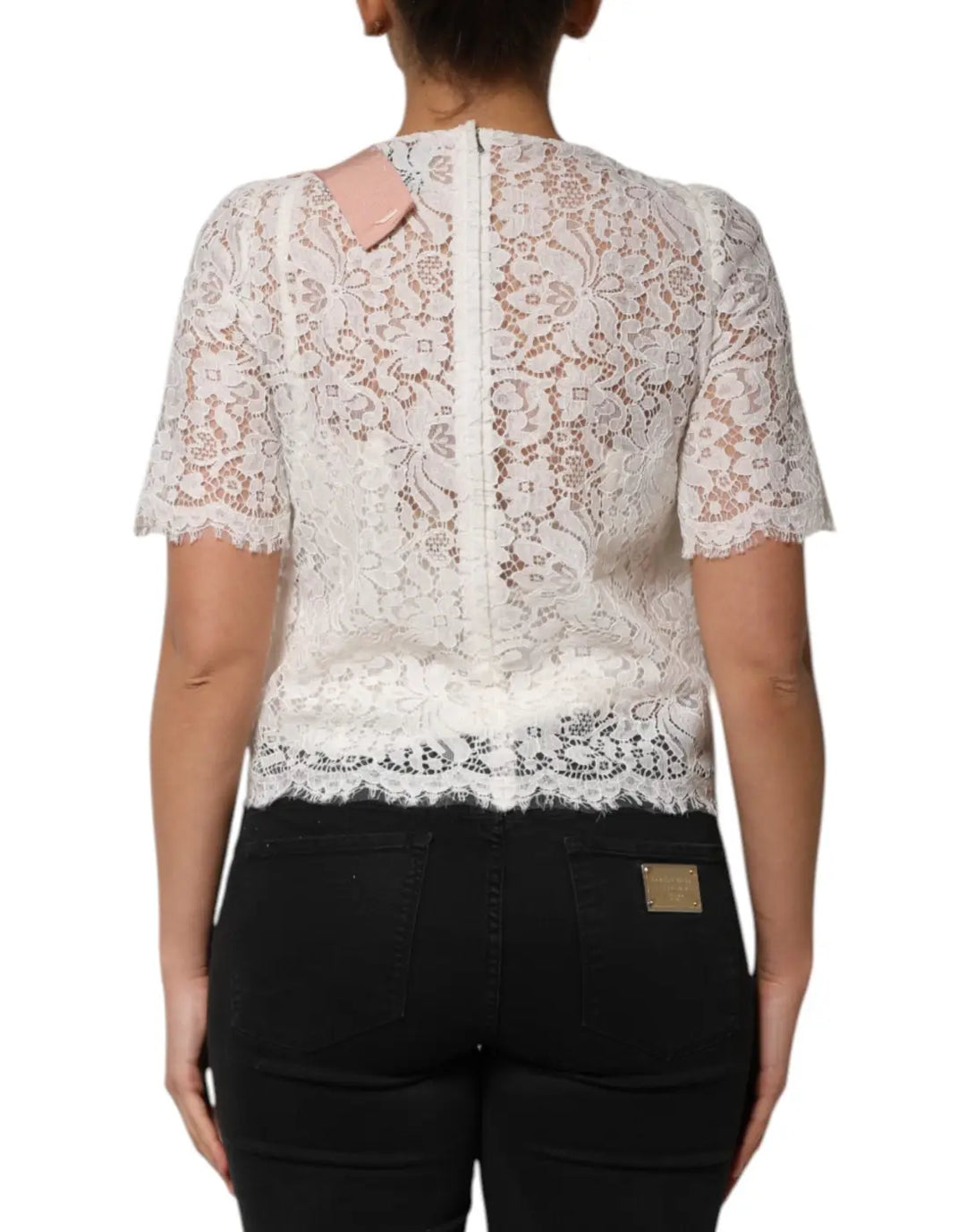 Dolce &amp; Gabbana White Floral Lace Short Sleeves Blouse Top